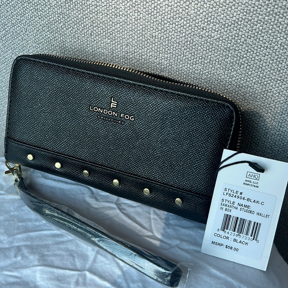 NWT-London Fog wristlet wallet-100th anniversary Samantha studded wallet-black